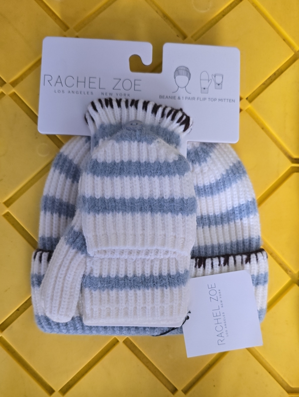 Rachel Zoe Cream and Light Blue Striped Beanie with Flip-Top Mittens